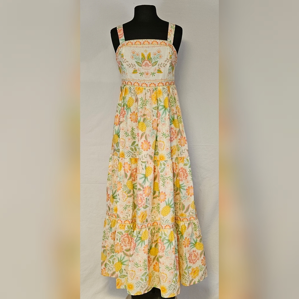 Rachel Zoe Tropical Pineapple Floral Embroidered Tiered Sleeveless Maxi Dress.